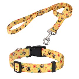 Mihqy Dog Collar and Lead Set, Adjustable, Soft and Comfortable, Nylon, for Small, Medium, Large Dogs, Puppies, Cats (Bee Set, XS)