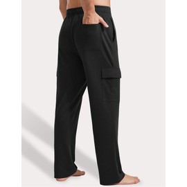 PINSPARK Mens Cargo Sweatpants with Pockets Cotton Sweatpants for Men Open Bottom Lightweight Jogger Sweat Pants Wide Leg Black