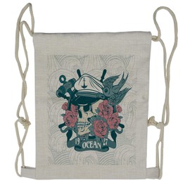 Lunarable Nautical Drawstring Backpack, Marine Skull with Roses, Sackpack Bag