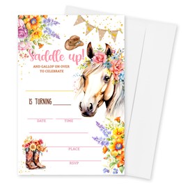 Yijiaqin Floral Horse Birthday Invitations- Saddle Up - 20 Pcs Western Cowgirl Floral Horse Invites With Envelopes For Girls Kids Teens Birthday Party Favors And Supplies - A05