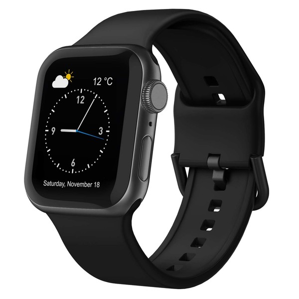 Sport Band Compatible with Apple Watch Bands 49mm 45mm 44mm 42mm, Soft Silicone Wristbands Replacement Strap with Classic Clasp for iWatch Series 9 Ultra SE 8 7 6 5 4 3 2 1 for Women Men, Black
