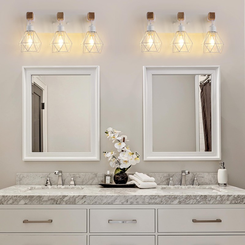 Farmhouse Vanity Light for Bathroom, 3-Light White Wood Bathroom Vanity
