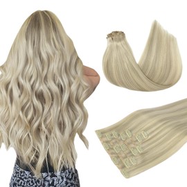 DOORES Hair Extensions Seamless Clip ins, Ash Blonde Highlighted Platinum Blonde 110g 7pcs 18 Inch, Clip in Hair Extensions Seamless Extensions Straight Hair Invisi Edge Hair Extensions