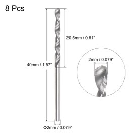 sourcing map Solid Carbide Drill Bits, 2mm C2/K20 Tungsten Carbide Jobber Drill Bits Straight Shank Drilling Tool for Stainless Steel Aluminum Iron Metal Plastic 8pcs