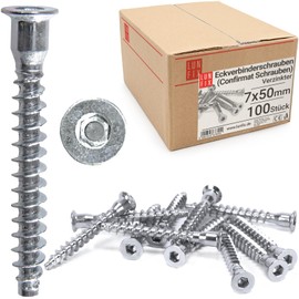 Lun Fix Confirmat Screws 7 x 50 mm | Pack of 100 | Galvanised Steel, Euro Screws, Body Connector, Furniture Connector with Hexagon Socket Countersunk Head, Furniture Screws, Allen Screws for Furniture