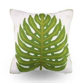 Hodeco Green Leaf Embroidery Throw Pillow Covers 18x18 Inches Decorative Floor Pillow Cover for Couch 100% Cotton Cushion Cover Pillowcase Tropical Green Monstera Leaves Embroidered 45x45cm, 1 Piece