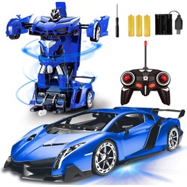 AMENON Remote Control Transform Car Robot Toy for Boys Kids Teens Toys with Lights RC Car 2.4Ghz 1:18 Rechargeable 360°Rotating Race Car Toys for Kids Girls Party Favors (Blue)