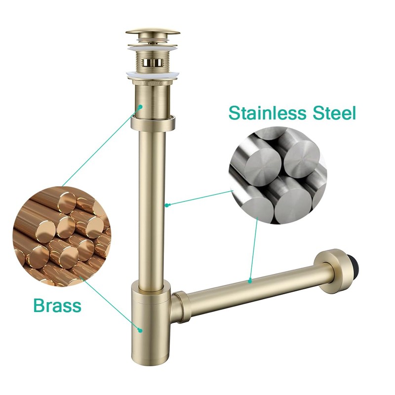 SEABEFORE Brass Round Bottle P-Trap with Pop Up Drain Stopper