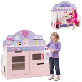 Costzon 2 in 1 Kids Play Kitchen and Cafe, Double Sided Wooden Pretend Cooking Playset with Stove, Oven, Microwave, Turnable Knobs and Storage Shelf, Simulation Cooking Toy Set for Toddlers (Pink)