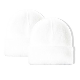 PFFY 2 Packs Unisex Beanie Hats for Men and Women Knit Winter Beanies White+White