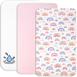 Lovely Hippo 2 x Fitted Sheets 83 x 50 cm 100% Cotton + 1 x Mattress Protector 100% Waterproof Material - Set 3X - Compatible Chicco, Kinderkraft (Rainbow Colours, 50 x 83 cm)