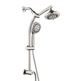 OUGOO Retrofit 2-Way Shower Head Combo, 8-Function Rainfall Shower Head with 9 Setting Handheld Shower Combo, Adjust Slide Bar and Shower Arm, 2.5 GPM, Drill-Free Shower System, Brushed Nickel