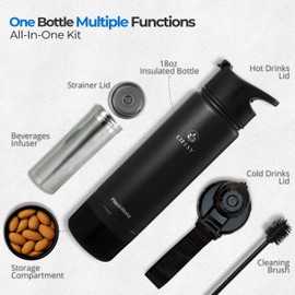 Coffee & Cold Brew Travel Bottle – 18oz Insulated Flask with French Press-Style Brewing, Hidden Storage & Dual Lids – For Hot & Cold Drinks – FLASKMATE All-in-One System (Midnight Black)