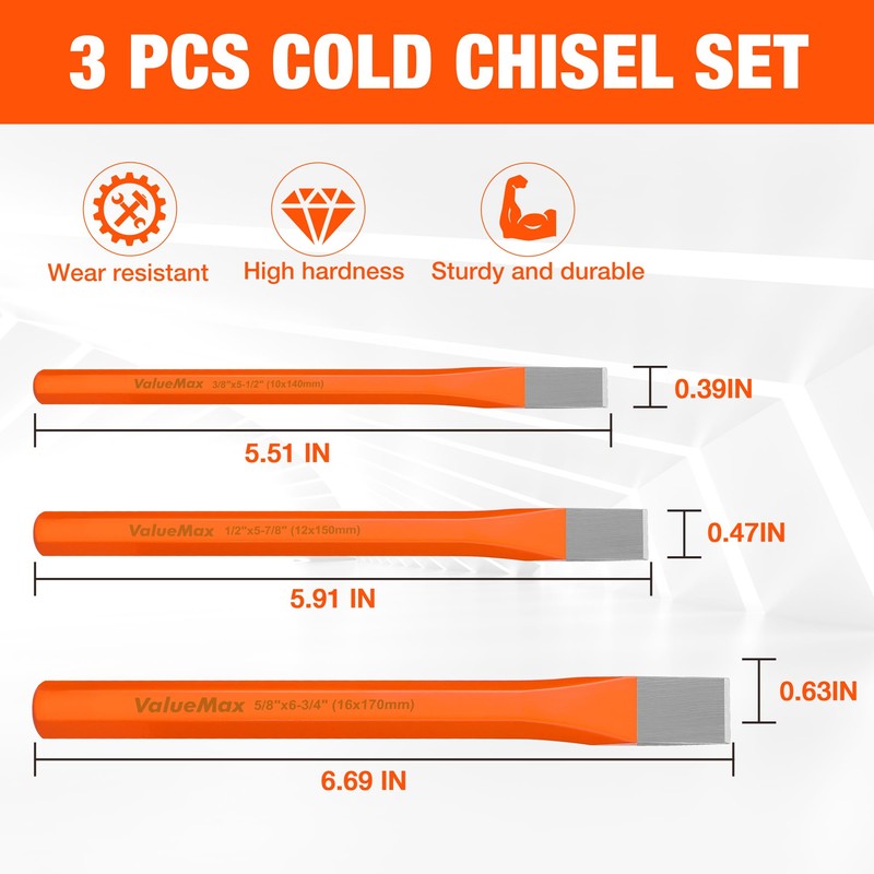 ValueMax 3-Piece Heavy Duty Cold Chisel Set, 3/8-Inch, 1/2-Inch &