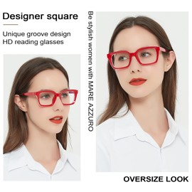 MARE AZZURO Square Reading Glasses Women Trendy Large Readers 100 125 150 175 200 225 250 275 300 350 400 500 600 (Red, 2.75)