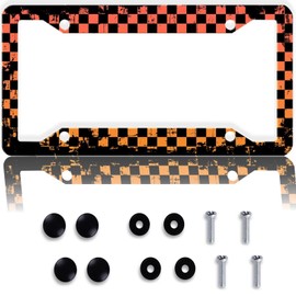 Retro Orange and Red Checkered License Plate Frame - 1Pcs Funny Checkerboard License Plate Cover Aluminum Metal Car Exterior Decor Accessories 12.3" X 6.3" with 4 Holes Screws for Men Women Gifts