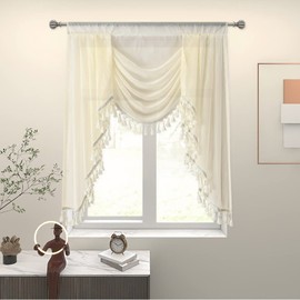 OYRING Waterfall Sheer Window Curtain Valance for Living Room - Tassels Swag Window Valances for Kitchen Rod Pocket Valance Curtains (Off-White, W39 Inch)