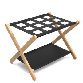 FoverOne Luggage Rack for Guest Room, Folding Suitcase Stand with Storage Shelf, Heavy-Duty Bamboo Frame and Nylon Straps, Fits Most Luggage Size