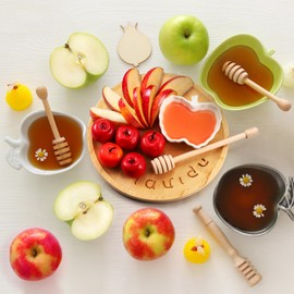 Reallnaive 3pcs Wooden Rosh Hashanah Apple and Honey Plate and Dish Bamboo Plate Server Tray Honey Dish Set for Rosh Hashanah Shana Tova Bowl Dipper Sticks Jewish New Year Judaica Gift for Holidays