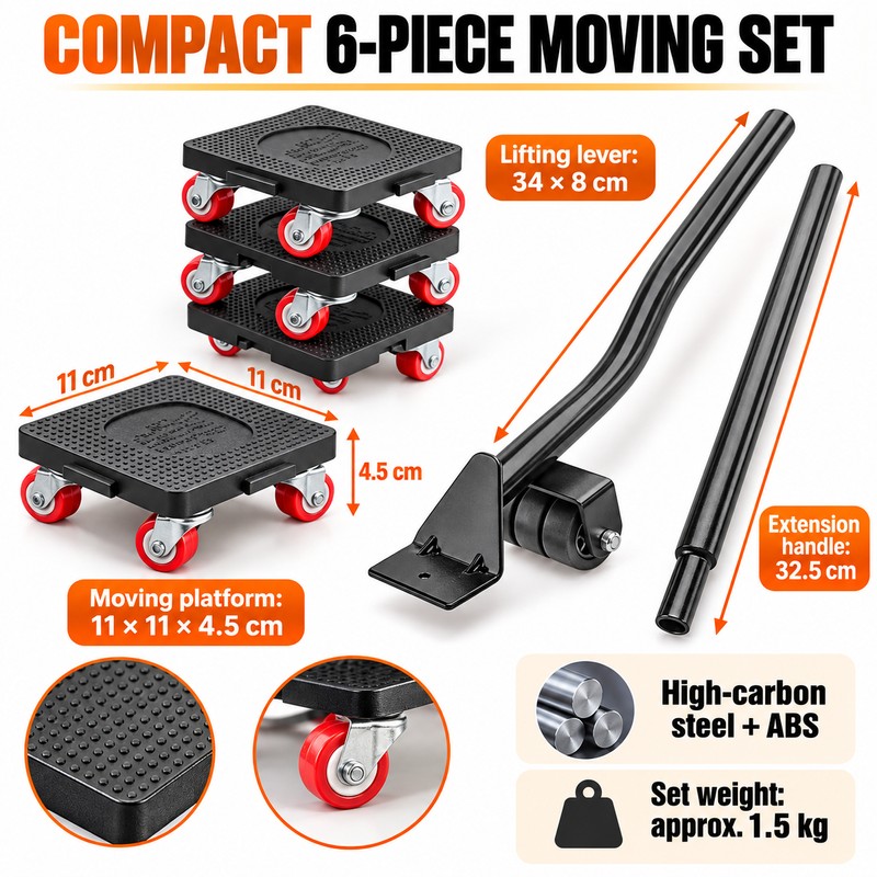 6-Piece Furniture Mover Tool Set with Lifter, Extension Bar and
