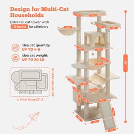 MUTTROS Large Cat Tree for Big Cats & Multi-Cat Homes, 81 Inch Tall Cat Tower with Sturdy Metal Hammock, 6 Sisal Scratching Posts, 2 Cozy Condos, 2 Top Perches - Multi-Level Cat Tower, Beige