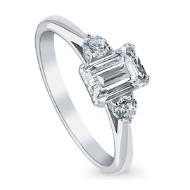 BERRICLE Sterling Silver 3-Stone Wedding Engagement Rings 1 Carat Emerald Cut Cubic Zirconia CZ Anniversary Promise Ring for Women, Rhodium Plated Size 7.5