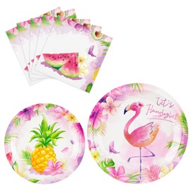 WERNNSAI 48PCS Flamingo Party Supplies Tropical Hawaiian Luau Party Decorations Disposable Party Plates Napkins Tableware Set for Kids Girls Baby Shower Birthday Party Decor Serves 16 Guests