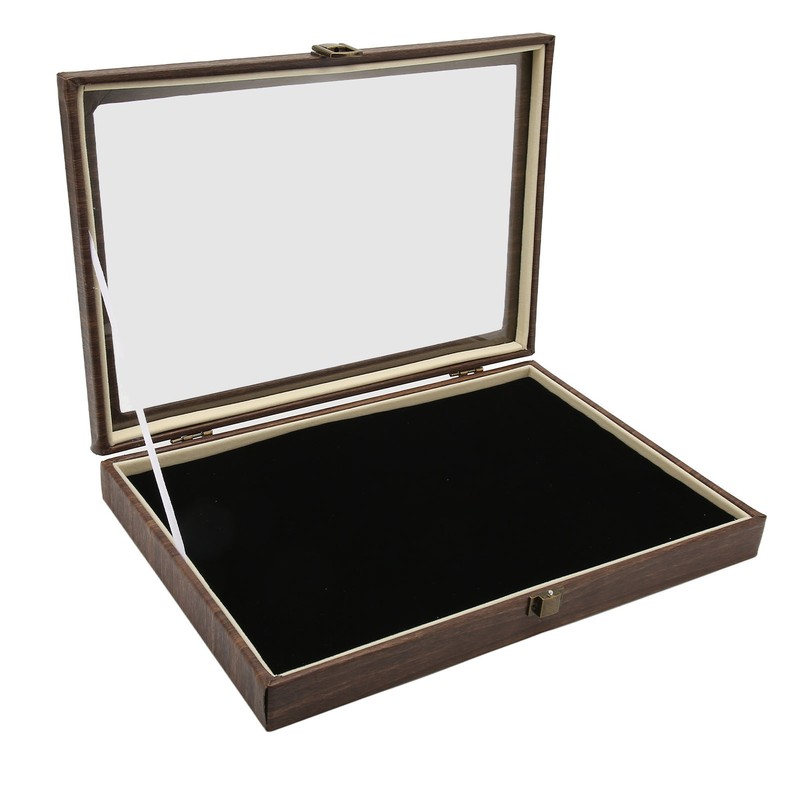Pin Display Case Large Black PU Leather Dustproof Glass Widely