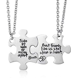 2 Pcs Best Friends Friendship BFF Necklaces Set Puzzle Matching Heart Key Stainless Steel Pendant Relationship Long Distance for Women Teen Girls Best Friends