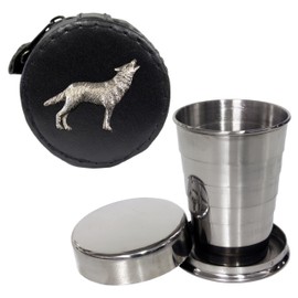 Knight 2oz Collapsible Drinking Cup with Leather Howling Wolf Case