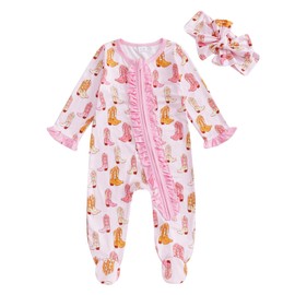 Ysfanwuxi Newborn Baby Girl Western Clothes Cowgirl Boots Footie Romper Ruffle Long Sleeve Zipper Jumpsuit Coming Home Outfit (Pink, 3-6 Months)
