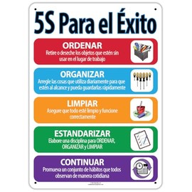 5S to Success, SPANISH, Lean Workplace Sign, Quality Plastic Wall Poster, Plaque, Workplace Decor Indoor Outdoor - 18X24 Inches, Vibrant Color