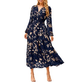 Simplee Women's Floral Boho Long Sleeve Maxi Dress V Neck Empire Waist Swing Flowy Wedding Guest Dress Navy Blue Floral S