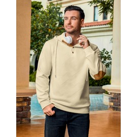 Vssjavun Mens Hooded Sweatshirt Fashion 2025 Long Sleeve Pullover Hoodies Drawstring Button Up V Neck Sweatshirts Beige