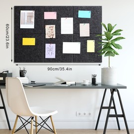 Large Cork Board 36" x 24", 6 Pack Felt Wall Tiles with Colored 30 Pcs Pushpins, Bulletin Board with Removable Self-Adhesive Strips, Pin Board Cork Boards for Walls Office Home-Dark Gray
