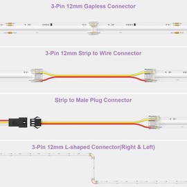 MIWISE 12mm Connectors Kit for 3-Pin RGB Smart IC COB LED Strip Lights,L-Shaped/Gapless/Strip to Wire Connectors,Dual-End Extenders with 22AWG Wires,Solderless Extension Connectors,24V/12V/5V/9V