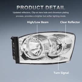 KUIPERAUTO Pair Headlights Assembly Compatible for 2006 2007 2008 Dodge Ram 1500 2500 3500 2009 Ram 2500 3500 w/Chrome Housing Clear Reflector Include H13 3157 Bulb Passenger and Driver Side