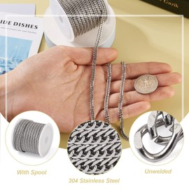 Mega Pet 16.4 Feet/5M Stainless Steel Chain Metal Color Unwelded Cuban Link Chain Faceted Curb Cable Chains Necklace Chain Links 5.5x3.8mm with Spool for DIY Jewelry Making