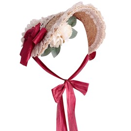 Besforta Girls Women Victorian Lolita Flat Bonnet Cap Tea Party Sun Hat Lace Bows Flower Ribbons Straw Hats Wine Red