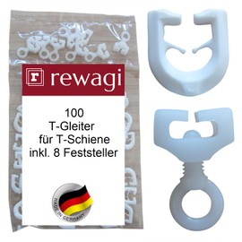 rewagi 100 T-gliders, curtain hooks and 8 locks for T-rails, clip-on hooks, folding hooks, white