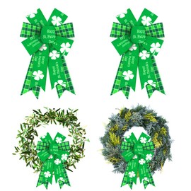 Hying 2PCS St. Patrick's Day Bows for Wreath, Green Shamrock Wreath Bows for St. Patrick's Day Décor, Plaid St. Patrick Bows for Front Door Indoor Outdoor Wall Tree Topper Decoration Supplies Ornament