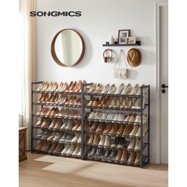 SONGMICS Shoe Rack, 12-Tier Shoe Organizer, Metal Shoe Storage for Garage, Entryway, Set of 2 6-Tier Stackable Shoe Shelf, with Adjustable Flat or Angled Shelves, Holds 48-60 Pairs, Black ULMR12B