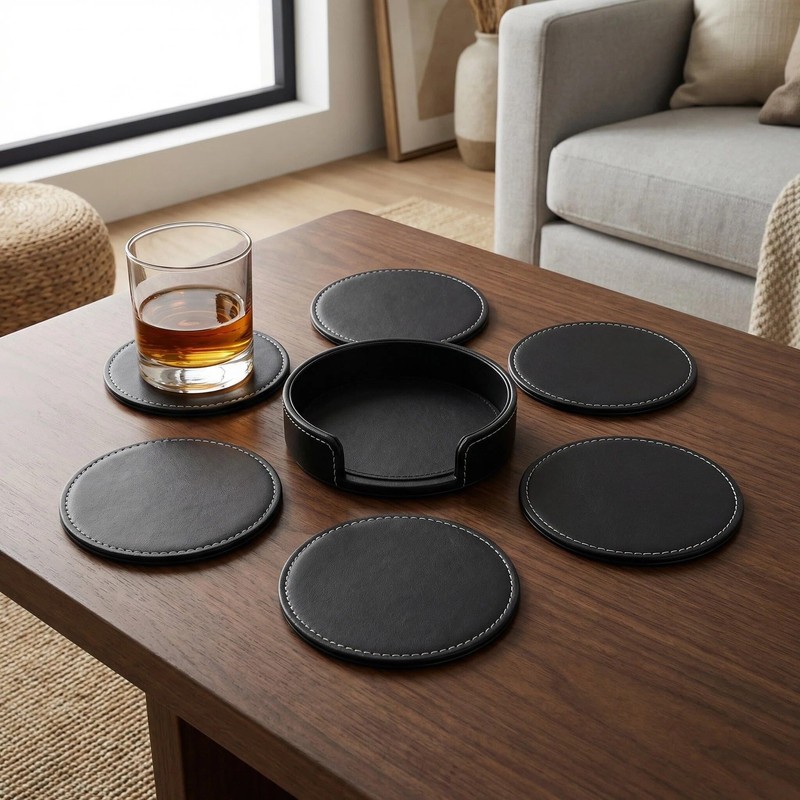 Set of 6 PU Leather Black Bar Drink Coasters with