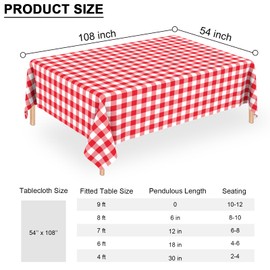 3 Pack Red and White Checkered Tablecloths Red Gingham Tablecloth Rectangular Disposable Plastic Red Plaid Table Cover for Parties, Christmas, Outdoor Picnic, Birthday, Wedding, Camping 54 × 108