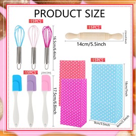 Plukeen 60 Pcs Kids Mini Baking Supplies with 15 Wood Rolling Pin 15 Whisk 15 Spatula 15 Gift Bags for Kids Classroom School Exchange Real Cooking Games Prize Cooking Party Favors Beginners