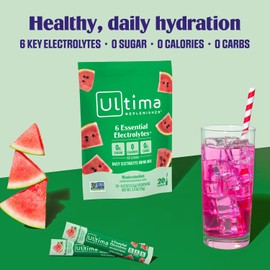 Ultima Replenisher Daily Electrolyte Powder – Watermelon, 20 Stickpacks – Zero Sugar Hydration Packets with 6 Electrolytes and Minerals – Sugar Free, Plant Based & Keto Friendly Drink Mix