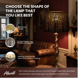 ALUCSET Metal Large Lampshade, Drum Lamp Shade 14" Top x 16" Bottom x 11" High, Lamp Shades for Table and Floor Lamps, Black Gold Finished Etched Forest Replacement Shade, Spider Fitter