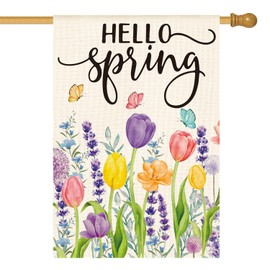 AVOIN colorlife Hello Spring Tulip Lavender House Flag 28 x 40 Inch Double Sided, Seasonal Flower Yard Outdoor Flag