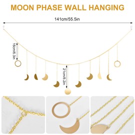 Zimoer Moon Phase Garland, Wall Decor Boho, Golden Boho Wall Decoration, Moon Phase Garland Ornaments Sun and Moon Style Metal Boho for Home Decor, Bedroom, Living Room, Cafe, Sofa, 55 Inch