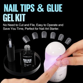 TOMICCA Artificial Nail Tips for Gel Nails Gel Nails Coffin Ultra Short Nail Tips with Glue Set, 150 Pieces Soft Gel Full Cover Nail Tips, Professional Salon Quality - 15 Sizes